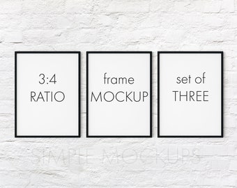 Black Frame Mockup, Set of 3, Three Frame Mock Up for Posters and Art Prints, Fits 3:4 Ratio Artwork