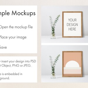 May include: Two mockups of a wooden frame with a white background. The top frame has the text "YOUR DESIGN HERE" inside. The bottom frame has a peach background with a white circle and two horizontal lines.