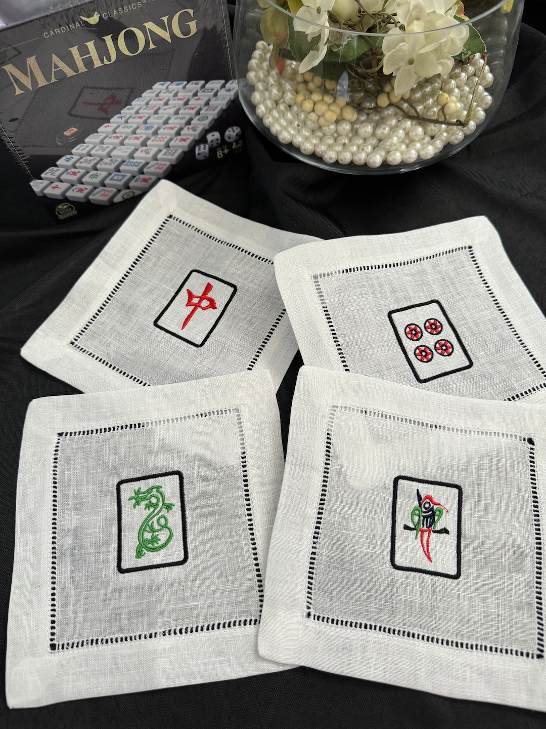Mahjong Cocktail Napkins Linen Embroidered Set of 4 Etsy