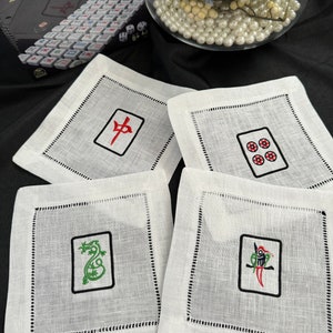 Mahjong cocktail napkins - linen embroidered set of 4
