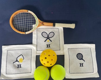 Pickleball Cocktail napkin - embroidered tennis pickleball paddle pineapple optional initial or name- hostess gift-  set of 4