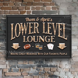 Lower Level Lounge Sign with Downstairs Arrows and Large Icons: canvas wrap