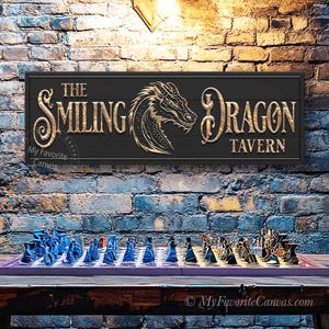 May include: A black wooden sign with gold lettering that reads "The Smiling Dragon Tavern". A gold dragon with a smiling face is featured on the sign.