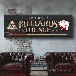 Billiards Lounge Sign with icons, custom pool room canvas wrap