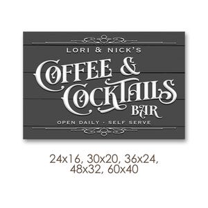 May include: A rectangular sign with the text "LORI & NICK'S COFFEE & COCKTAILS BAR" in white, stylized lettering. The sign is dark gray with horizontal wood grain. The text "OPEN DAILY - SELF SERVE" is at the bottom. Sizes available: 24x16, 30x20, 36x24, 48x32, 60x40 inches.