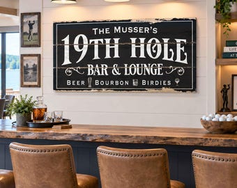 19th Hole Bar and Lounge Sign, rustic canvas wrap print