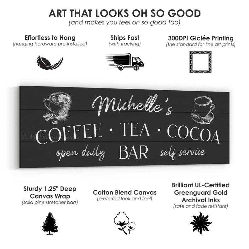 May include: Black and white canvas art with the text "Michelle's COFFEE TEA COCOA open daily BAR self service". The art features illustrations of coffee cups and is stretched on a 3.18 cm deep canvas.