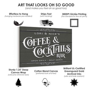 May include: A dark gray canvas wall art piece with the words "COFFEE & COCKTAILS BAR" in white, stylized lettering. The sign reads "LORI & NICK'S" above the bar name and "OPEN DAILY - SELF SERVE" below. The art is described as having a sturdy 1.25" deep canvas wrap.