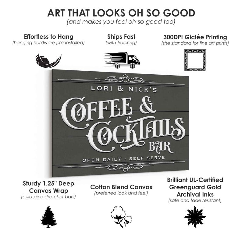 May include: A dark gray canvas wall art piece with the words "COFFEE & COCKTAILS BAR" in white, stylized lettering. The sign reads "LORI & NICK'S" above the bar name and "OPEN DAILY - SELF SERVE" below. The art is described as having a sturdy 1.25" deep canvas wrap.