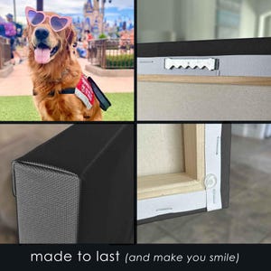 K&ouml;nnte beinhalten: Nahaufnahme eines Leinwanddrucks mit schwarzem Rahmen. Der Druck zeigt einen Golden Retriever mit rosa Sonnenbrille. Die Leinwand ist auf einen Holzrahmen gespannt und mit Klammern befestigt. Der Rahmen ist aus schwarzem Holz und hat eine glatte Oberfl&auml;che. Der Druck ist langlebig und eine gro&szlig;artige M&ouml;glichkeit, jedem Raum eine pers&ouml;nliche Note zu verleihen.