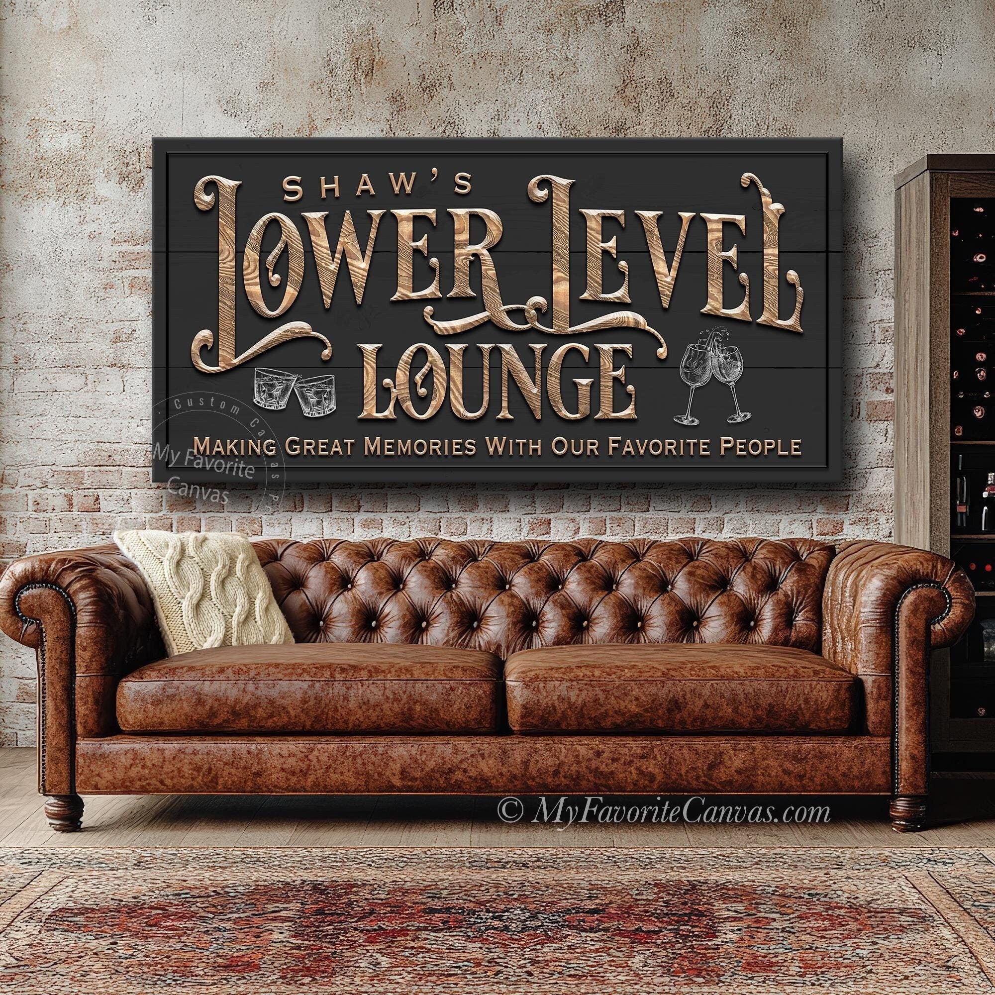 Lower Level Lounge Sign: hand stretched canvas wrap