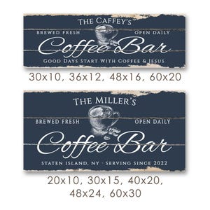 Pode incluir: Duas placas de madeira azul marinho com texto branco. A placa superior diz "The Caffey's Coffee Bar" com "Brewed Fresh" e "Open Daily". A placa inferior diz "The Miller's Coffee Bar" com "Serving Since 2022".
