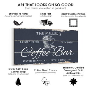 Pode incluir: Impress&atilde;o em tela azul marinho com texto branco "Coffee Bar". A arte inclui o texto "The Miller's", "Brewed Fresh" e "Open Daily". A arte tem 3,18 cm de profundidade e &eacute; feita de tela de mistura de algod&atilde;o.
