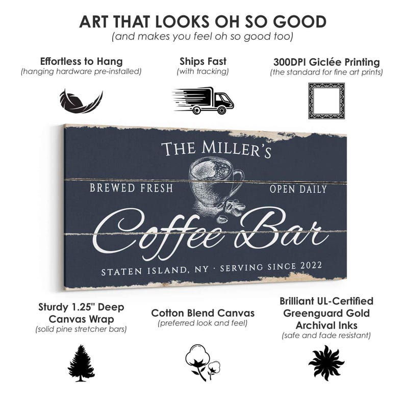 Pode incluir: Impress&atilde;o em tela azul marinho com texto branco "Coffee Bar". A arte inclui o texto "The Miller's", "Brewed Fresh" e "Open Daily". A arte tem 3,18 cm de profundidade e &eacute; feita de tela de mistura de algod&atilde;o.