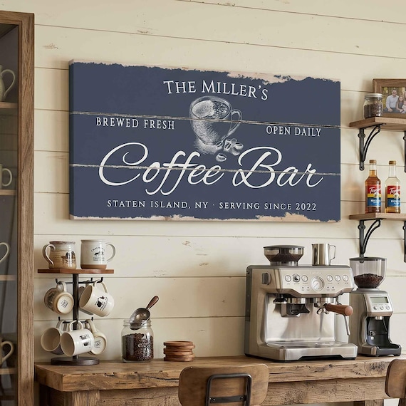 Coffee Bar Sign personalized, rustic canvas wrap