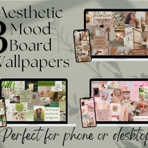 3 Mood Boards WALLPAPER iPhone & Desktop AESTHETIC Pink Green Brown Color Descarga digital Boho Inspirational Motivational Background
