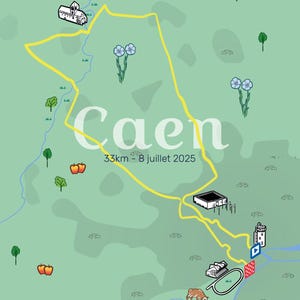 Puede incluir: Un mapa de la etapa 5 del Tour de Francia en Caen, Francia, con una ruta amarilla que destaca el recorrido de 33 km. El mapa incluye ilustraciones de edificios, árboles, flores y una vaca, sobre un fondo verde claro.