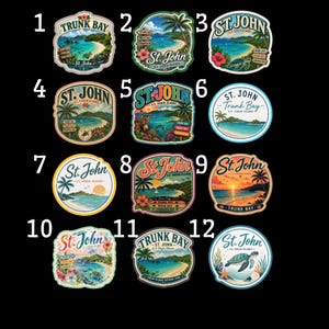 May include: A collection of twelve colorful vinyl stickers featuring tropical beach scenes from St. John, U.S. Virgin Islands. Each sticker displays unique illustrations of palm trees, sea turtles, sunsets, and coastal landscapes with text labels.