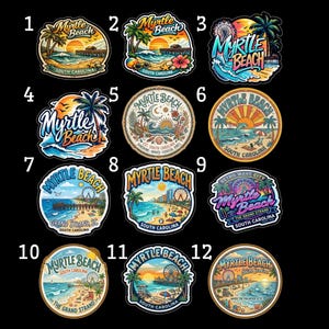 Pegatina o imán de Myrtle Beach / Recuerdo costero / Paquete de 12 unidades o diseños individuales