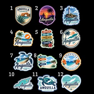 May include: A selection of Anguilla-themed stickers. Designs include a lighthouse, sunset, beach scenes, a turtle, and a map outline. Each sticker features the word "Anguilla" and "Caribbean". Colours include blue, orange, and green.