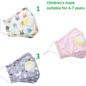 May include: Three children's face masks with a valve. The masks are white, pink, and grey with a cartoon animal print. The masks are suitable for children aged 4-7 years old.