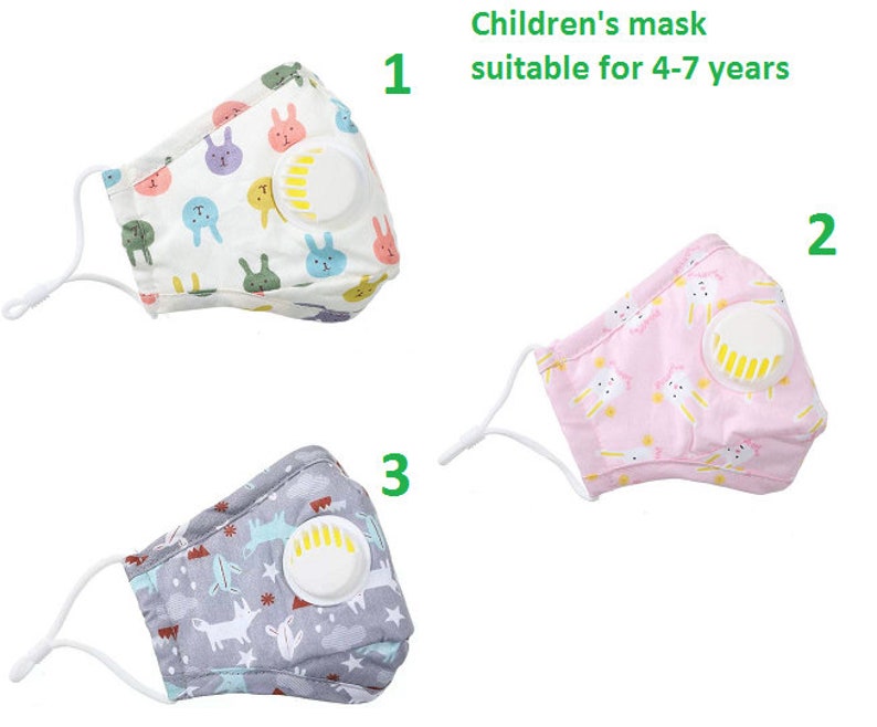 May include: Three children's face masks with a valve. The masks are white, pink, and grey with a cartoon animal print. The masks are suitable for children aged 4-7 years old.