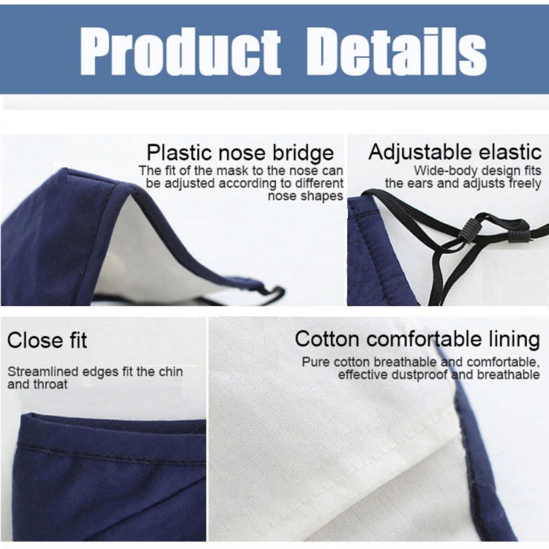 May include: Close-up of a blue face mask with a white cotton lining. The mask features an adjustable elastic strap, a plastic nose bridge, and a close fit around the chin and throat. The text "Product Details" is at the top of the image.