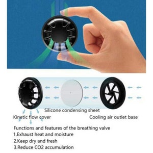 May include: A black breathing valve for a face mask with a silicone condensing sheet and a cooling air outlet base. The valve has a kinetic flow cover and functions to exhaust heat and moisture, keep the mask dry and fresh, and reduce CO2 accumulation.
