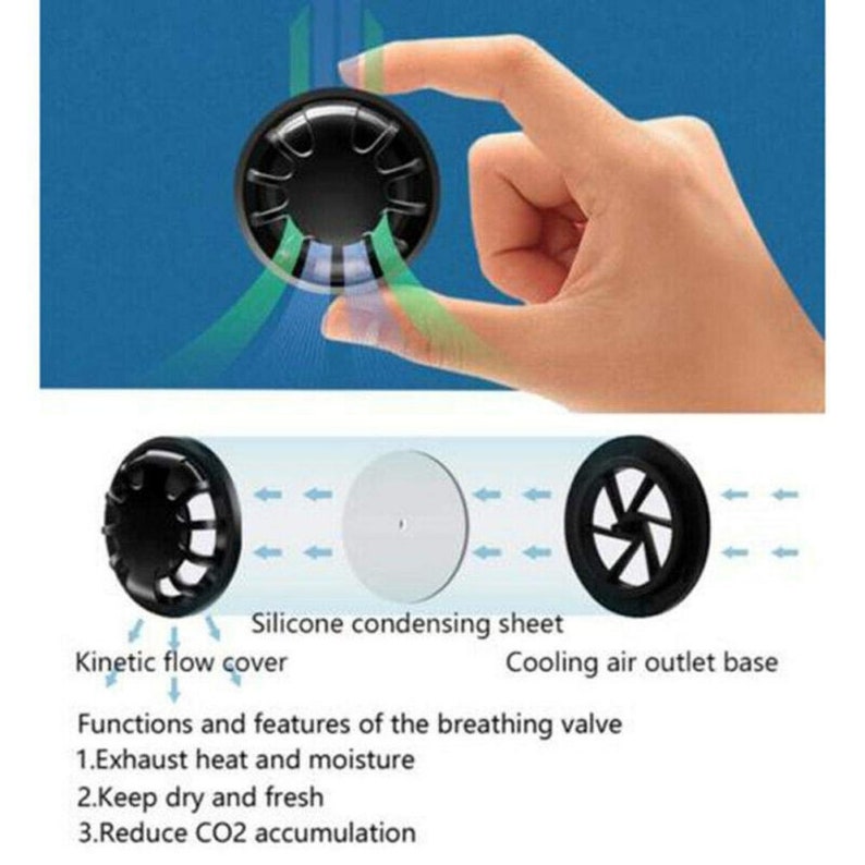 May include: A black breathing valve for a face mask with a silicone condensing sheet and a cooling air outlet base. The valve has a kinetic flow cover and functions to exhaust heat and moisture, keep the mask dry and fresh, and reduce CO2 accumulation.