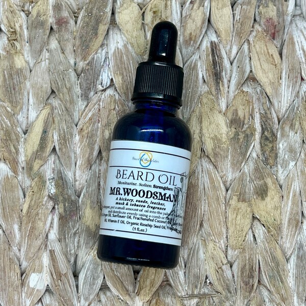 Hickory Suede Woodsman Scented Beard Oil in 1 oz Glass Bottle - Facial Hair Strengthen - Grow Your Own Beard Grooming