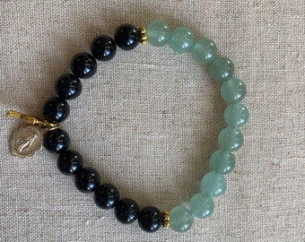 PROSPERITY & PROTECTION bracelet with green aventurine, black tourmaline and Miraculous Mary charm with Celtic cross