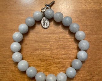 Aquamarine CALMING bracelet with Miraculous Mary charm + birthstone cross, confirmation and communion gift