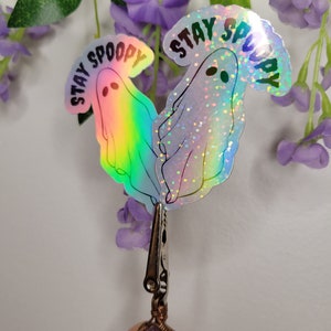 Stay Spoopy Ghost Holographic Sticker • spooky halloween art • handmade waterproof sticker • sparky mini suncatcher • shiny rainbow holo