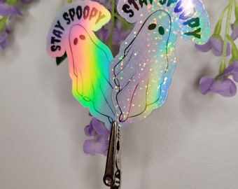 Stay Spoopy Ghost Holographic Sticker • spooky halloween art • handmade waterproof sticker • sparky mini suncatcher • shiny rainbow holo