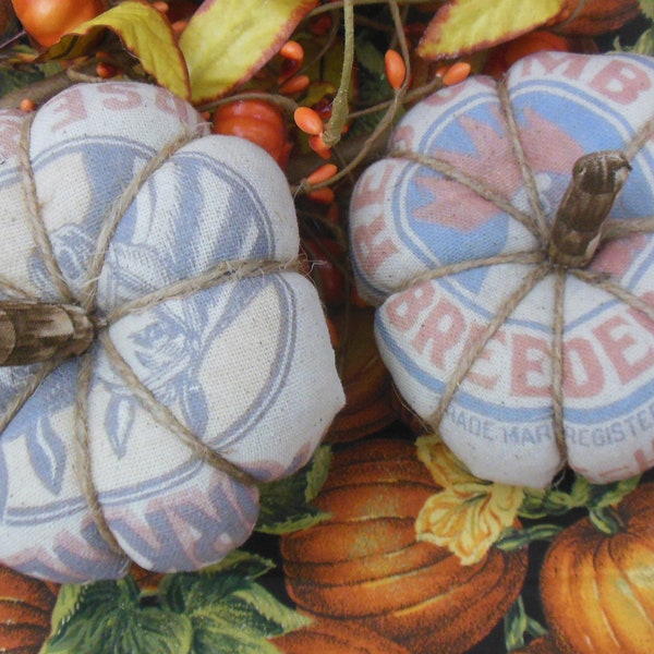 PrimitiveFarmhouse Pumpkins-Feed Sack "Flatties"- set of TWO-5 inch feedsack--Horse and Mule Feed and Red Comb Chicken Mash