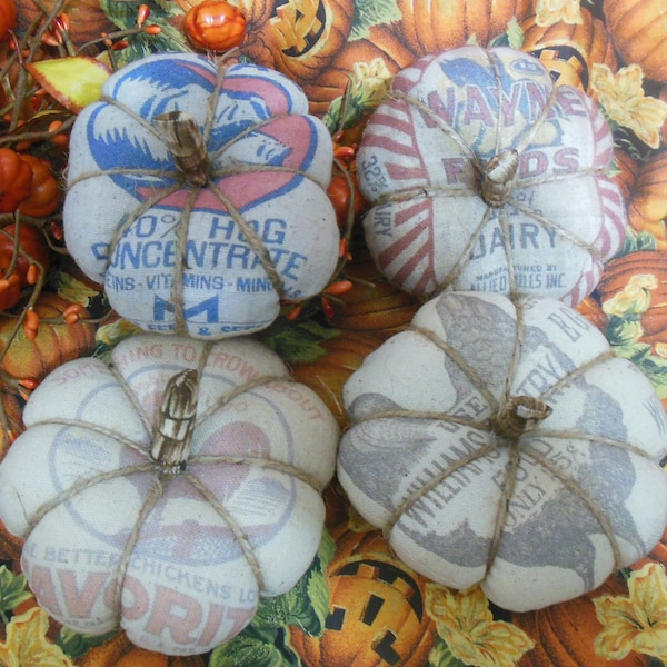 Primitive Farmhouse "Feed Sack" Pumpkins-Feed Sack "Flatties"- set of FOUR-5 inch primitive/farmhouse pumpkins