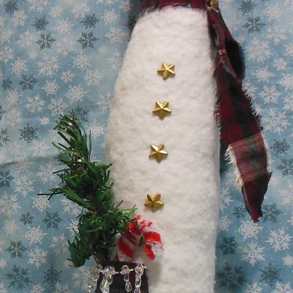 Primitive Snowman "Cheer" with side pocket Christmas Tree and Candy Cane-13.5 inch snowman