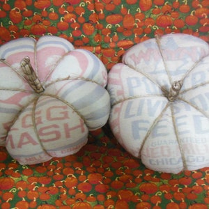Primitive Feed Sack Pumpkins--Set of 2--Large 8 inch, Poultry Feed and Egg Mash feed sack images...