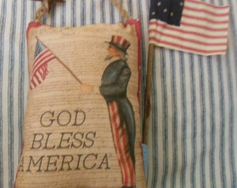 Primitive-Folk Art- Patriotic Uncle Sam and Flag--Peg Hanger, Cupboard Tuck, Ornie