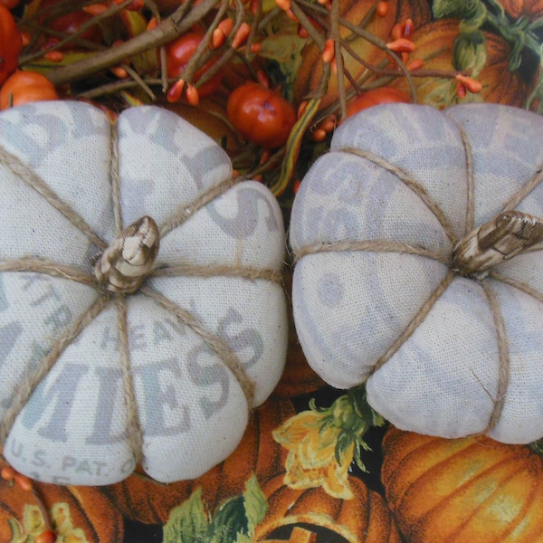 PrimitiveFarmhouse Pumpkins-Feed Sack "Flatties"- set of TWO-5 inch feedsack--Bemis Seamless and Royal River Seamless