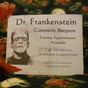 VINTAGE-Folk -Art--Primitive Dr. Frankenstein-Cosmetic Surgeon Business Card 8 X 10 Flat Canvas Sign/Picture--great for Halloween