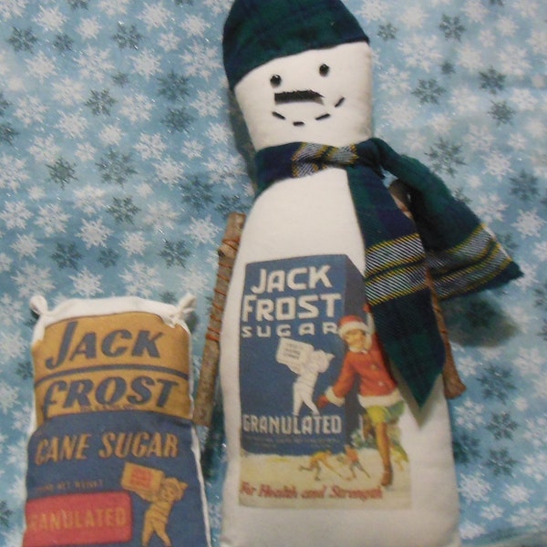 Primitive Snowman Jack Frost Sugar and a Jack Frost Sugar bag ornie---9 inch Snowman