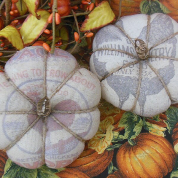 PrimitiveFarmhouse Pumpkins-Feed Sack "Flatties"- set of TWO-5 inch feedsack chicken feed--Williams Chicken Feed and Pace Chicken Feed