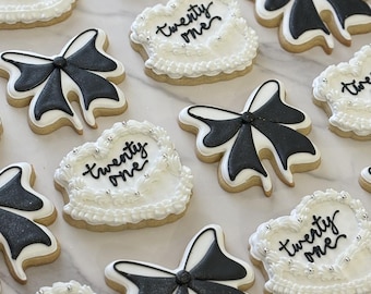 21st Birthday Custom Sugar Cookies Bow Coquette Theme Black and White Vintage Heart Cakes