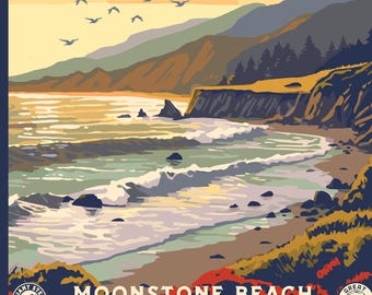 Moonstone Beach Cambria, California | WPA Travel Art Poster Print | 12" x 18" Print