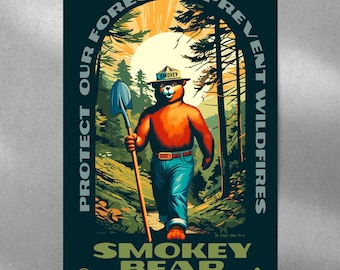 Smokey Bear Hiking Prptect Our Forests Thanks for Helping Prevent Wildfires Poster | 12" x 18" WPA Style Retro Art Print
