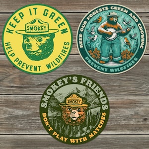 Paquete de pegatinas Smokey Bear vintage retro clásicas para interiores y exteriores (juego n.° 2) con licencia oficial