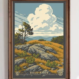 May include: Framed art print of Bald Knob Natural Area Preserve in Rocky Mount, VA. The print features a landscape with a large cloud, blue sky, and a rocky hillside with cacti and a tree. The print is in a wooden frame.