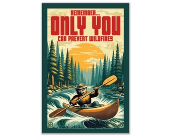 Retro Paddling Kayak Smokey - Remember, Only You Can Prevent Wildfires Educational Poster | 12" x 18" Vintage WPA Style Art Print