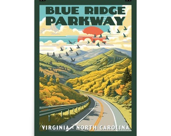 Blue Ridge Parkway Virginia Carolina - National Park Style  WPA Art Print | Retro Travel Poster  |  Museum Quality